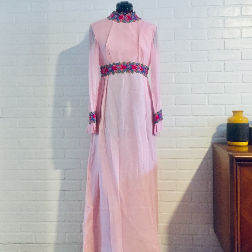 Vintage Pink Chiffon Maxi Dress S